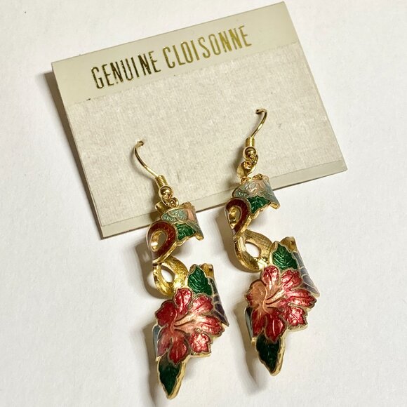 Vintage Cloisonne Hibiscus Flower Earrings Hawaiian Red Floral Enamel Gold Tone - Picture 2 of 11